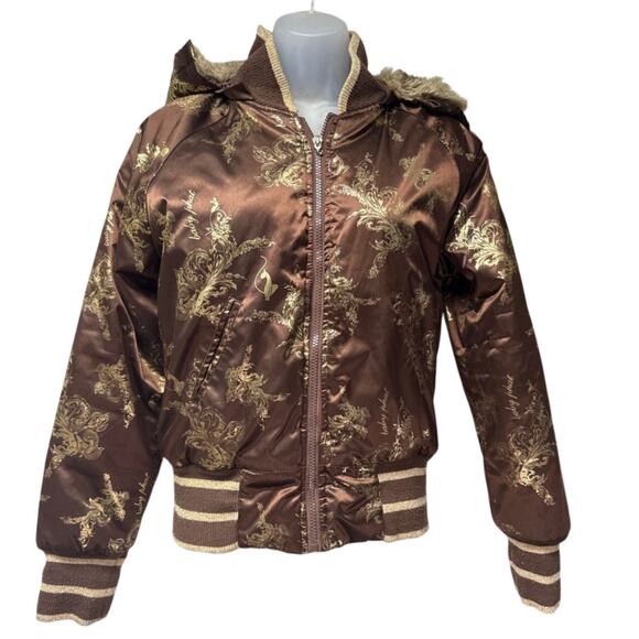 Vintage Y2K Baby Phat Satin Bomber Jacket Size Small Brown Gold Faux Fur Hooded - Picture 1 of 12